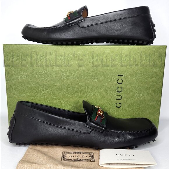 GUCCI mens 12.5 black AYRTON leather Horsebit DOUBLE G WEB Driver Moccasin shoes - Picture 2 of 12